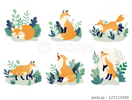 Set of Cute Fox in Forest Scene, Flat Animal Cartoon Design Set of Cute Fox in Forest Scene, Flat Animal Cartoon Design 127213300