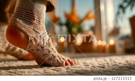 A close-up of a foot in a decorative woven therapeutic sock, posed on a soft textured mat with candles and flowers in the background 127213313