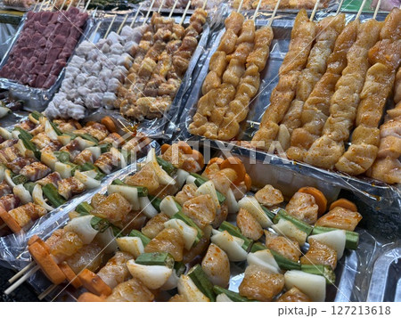large amount of meat Barbie Q on skewers at night market high quality photo ready to eat frying Asian street food large amount of meat Barbie Q on skewers at night market high quality photo ready to eat frying Asian street food 127213618