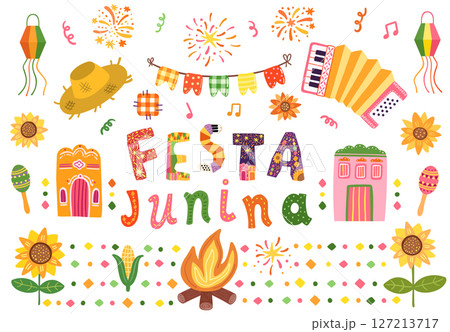 Cute Festa Junina vector set with graphics - accordion, corn, text, fire, straw hat for banners, posters 127213717