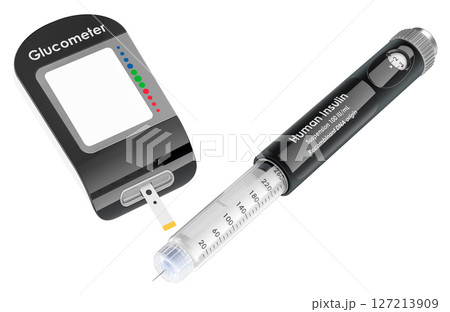 Glucometer and human insulin injection pen, 3D rendering 127213909