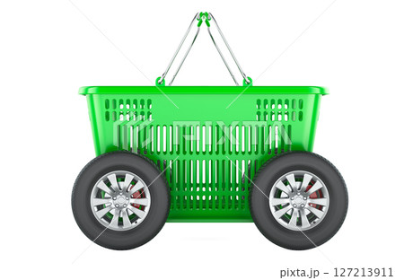 Green shopping basket with car wheels, 3D rendering 127213911