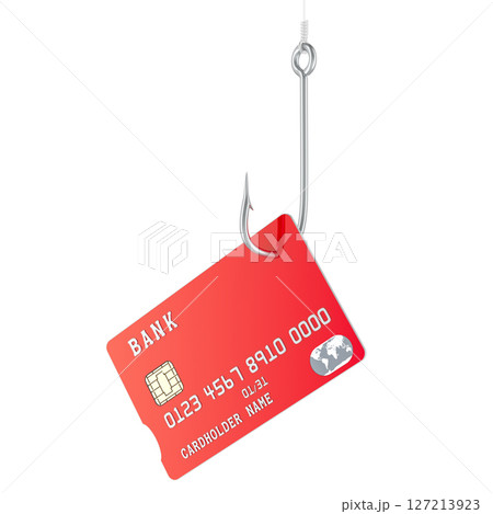 Bank credit card on fishing hook. Phishing or financial fraud, concept. 3d rendering Bank credit card on fishing hook. Phishing or financial fraud, concept. 3d rendering 127213923