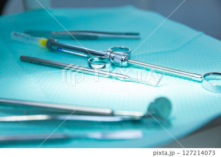 A Close-Up View of Surgical Instruments Prepared on a Mint Green Surgical Cloth in a Medical Setting 127214073