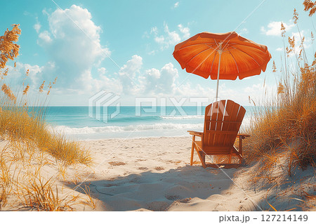 Summer morning. Mockup. Copy space. Umbrella and chairs set up on sand in beach of ocean. 127214149