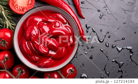 トマトケチャップとスパイスが織りなす鮮やかな構成 / 食品広告に映えるビジュアル素材 トマトケチャップとスパイスが織りなす鮮やかな構成 / 食品広告に映えるビジュアル素材 127214193