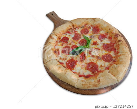 closeup hot thick bacon cheese pizza, green leaf, thick and soft dough, on a wooden tray with handles, on a white background. closeup hot thick bacon cheese pizza, green leaf, thick and soft dough, on a wooden tray with handles, on a white background. 127214257