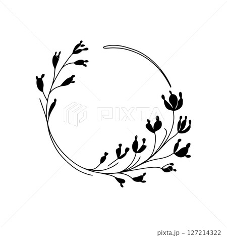 Black Botanical Wreath with Tulip Motif. A bold black floral wreath with stylized tulips and dense foliage. Ideal for modern branding, cards, and packaging. Black Botanical Wreath with Tulip Motif. A bold black floral wreath with stylized tulips and dense foliage. Ideal for modern branding, cards, and packaging. 127214322