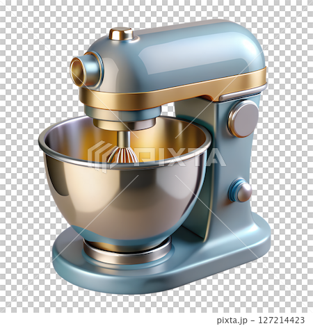 Shiny stainless steel stand mixer 3d render isolated, professional baking equipment, kitchen appliance, modern design 127214423