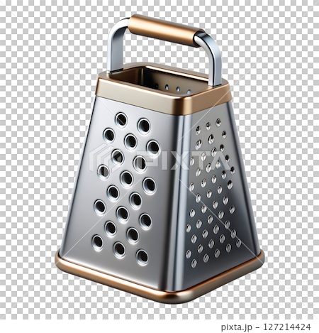 3d illustration of steel kitchen grater isolated, metal cheese shredder tool, cooking utensil 127214424