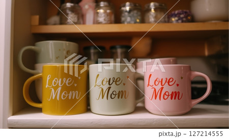 Colorful coffee mugs with the words Love Mom displayed in a cozy kitchen setting 127214555