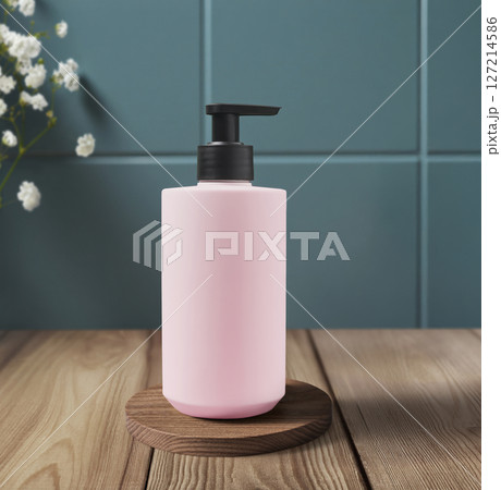 A chic and trendy pink pump bottle elegantly placed on a beautiful wooden surface A chic and trendy pink pump bottle elegantly placed on a beautiful wooden surface 127214586