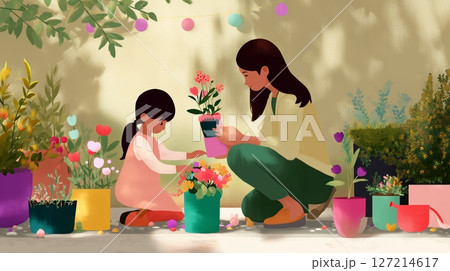 Mother and daughter enjoy planting flowers together in a colorful garden on a sunny day 127214617