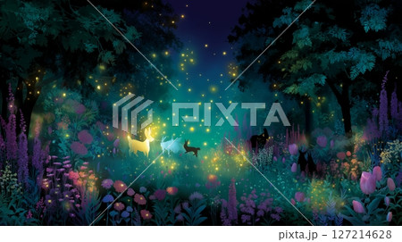 Enchanted forest at twilight with glowing creatures and vibrant flowers Enchanted forest at twilight with glowing creatures and vibrant flowers 127214628