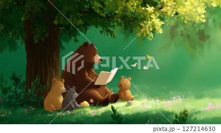 Bears gather under a tree to enjoy storytime in a vibrant green forest during a sunny afternoon Bears gather under a tree to enjoy storytime in a vibrant green forest during a sunny afternoon 127214630