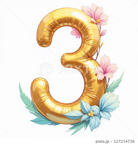 Golden number 3 with flowers. 127214716