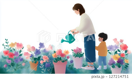 Mother and child watering colorful flowers in a serene garden setting during a sunny afternoon 127214751