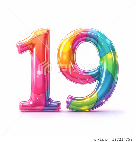 Colorful number nineteen balloon on white background. 127214758