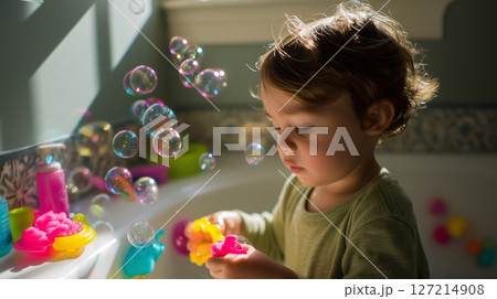 Young child plays joyfully with colorful bath toys while bubbles float in the air in a sunlit bathroom 127214908