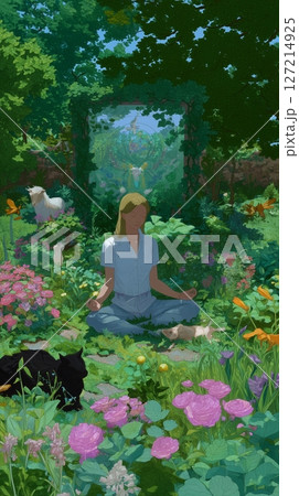 Meditation in a tranquil garden surrounded by colorful flowers and playful animals during a sunny day Meditation in a tranquil garden surrounded by colorful flowers and playful animals during a sunny day 127214925