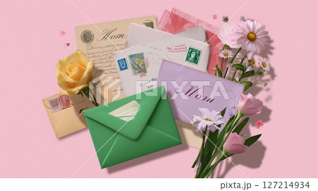 Colorful collection of letters and flowers celebrating love for mothers on a pink background Colorful collection of letters and flowers celebrating love for mothers on a pink background 127214934