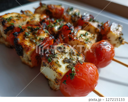 Close up of Tomato Basil Chicken Skewers. 127215133