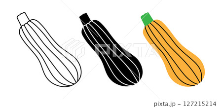 Zucchini icon set. Fresh organic vegetable symbol for kitchen, menu, food package design. Vector illustration 127215214