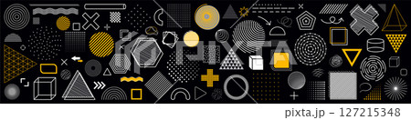 Set of abstract geometrical graphic elements on black background 127215348