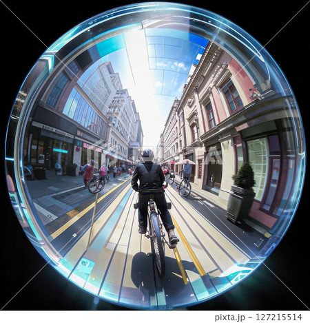 Cycling through the city streets. Driving on city streets, lens effect. Cycling through the city streets. Driving on city streets, lens effect. 127215514