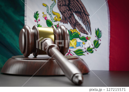 Wooden Gavel Resting on Table In Front of Mexican Flag 127215571