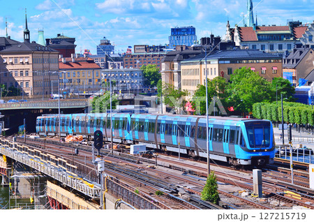 Railway tracks and trains near Stockholms main train station in Norrmalm area, Stockholm, Sweden 127215719