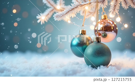 Elegant christmas ornaments amidst delicate snowdrifts with soft bokeh lights 127215755