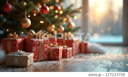 Elegant christmas presents under the tree with glittering lights background Elegant christmas presents under the tree with glittering lights background 127215758