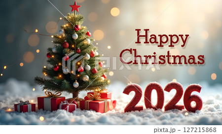 Festive christmas celebration 2026, with decorated tree and glittering gifts 127215868