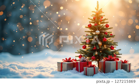 Festive christmas tree glows amidst gentle snowfall and neatly wrapped gifts Festive christmas tree glows amidst gentle snowfall and neatly wrapped gifts 127215869