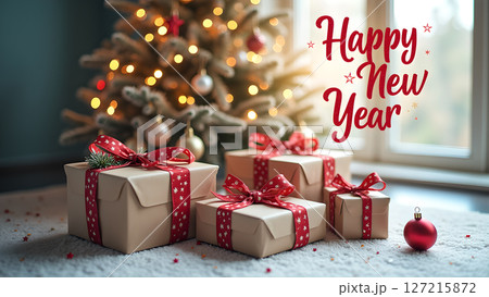Festive new year gifts and tree in cozy domestic atmosphere scene Festive new year gifts and tree in cozy domestic atmosphere scene 127215872