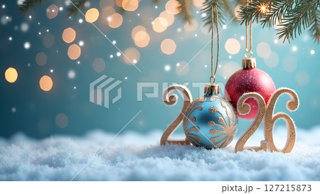 Festive holiday tableau featuring ornate ornaments and sparkling 2026 numerals Festive holiday tableau featuring ornate ornaments and sparkling 2026 numerals 127215873
