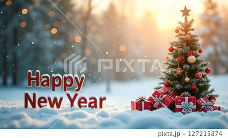 Enchanting New Year's Eve scene with decorated tree and heartfelt greetings 127215874