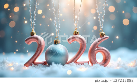 Elegant 2026 New Year Celebration with Hanging Ornaments and Bokeh Lights Elegant 2026 New Year Celebration with Hanging Ornaments and Bokeh Lights 127215888