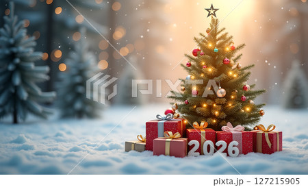 Enchanting christmas scene, shimmering tree and gifts, promising 2026 year Enchanting christmas scene, shimmering tree and gifts, promising 2026 year 127215905