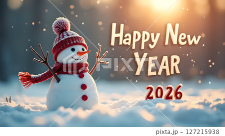 Festive snowman amidst a winter wonderland, wishing a 'Happy New Year 2026' 127215938