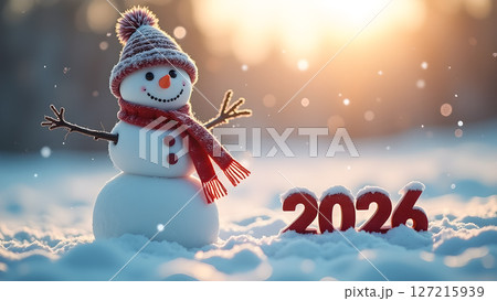 Festive snowman with 2026 inscription standing joyfully in a snowy landscape 127215939