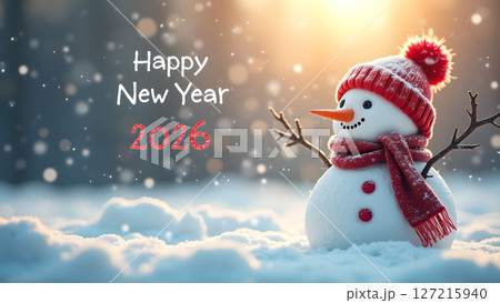 A Charming Snowman with Happy New Year 2026 Greetings in a Winter Wonderland A Charming Snowman with Happy New Year 2026 Greetings in a Winter Wonderland 127215940
