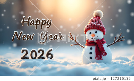 Enchanting Winter Wonderland Scene with Cheerful Snowman Celebrating 2026 127216153