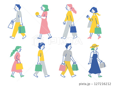 買い物袋を持って歩いている人たちのセット_色 127216212