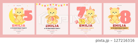 Invitation childrens birthday party cute bear and number set. Celebration First birthday. Greeting card template for children. Vector illustration. 127216316