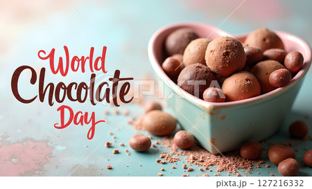 Celebrate World Chocolate Day with Delicious Truffles in a Heart-Shaped Bowl Celebrate World Chocolate Day with Delicious Truffles in a Heart-Shaped Bowl 127216332