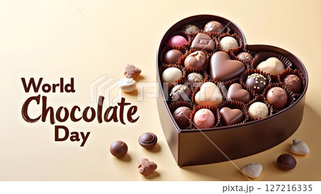 Delightful world chocolate day celebration with assorted chocolates in heart box Delightful world chocolate day celebration with assorted chocolates in heart box 127216335