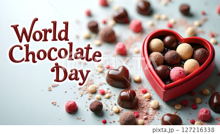 Celebratory World Chocolate Day display featuring assorted chocolates and a heart box Celebratory World Chocolate Day display featuring assorted chocolates and a heart box 127216338