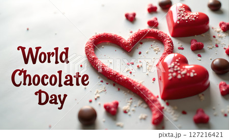 Festive World Chocolate Day Celebration with Heart-shaped Delights and Red Accents Festive World Chocolate Day Celebration with Heart-shaped Delights and Red Accents 127216421
